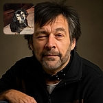 A slightly blurry and dimly lit photo of a fluffy black and tan dog sitting on a beige blanket, looking curiously at the camera with a tilted head, surrounded by a cozy but cluttered indoor background.