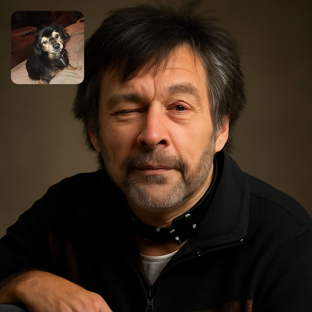 A slightly blurry and dimly lit photo of a fluffy black and tan dog sitting on a beige blanket, looking curiously at the camera with a tilted head, surrounded by a cozy but cluttered indoor background.