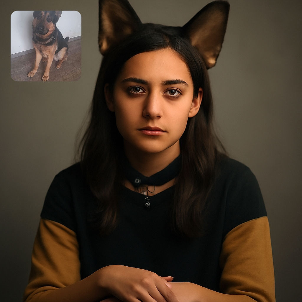 A loyal German Shepherd sits attentively on a wooden floor against a plain white wall, ears perked up and eyes full of curiosity, ready for a command or a treat.