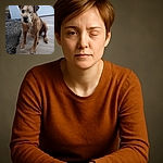 A charming one-eyed dog sits patiently on a wooden floor beside a textured gray rug, looking straight at the camera with a curious and gentle expression.