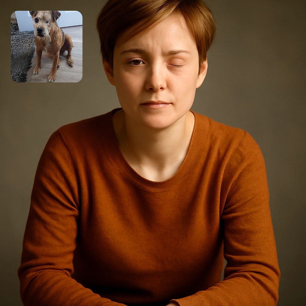A charming one-eyed dog sits patiently on a wooden floor beside a textured gray rug, looking straight at the camera with a curious and gentle expression.