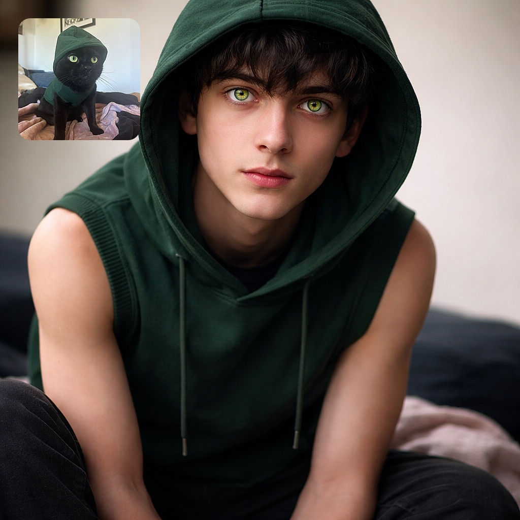 A charming black cat with striking green eyes is wearing a cozy green hoodie, sitting on a soft pink and black blanket with a curious and slightly mischievous expression, while a framed poster decorates the blurred background.