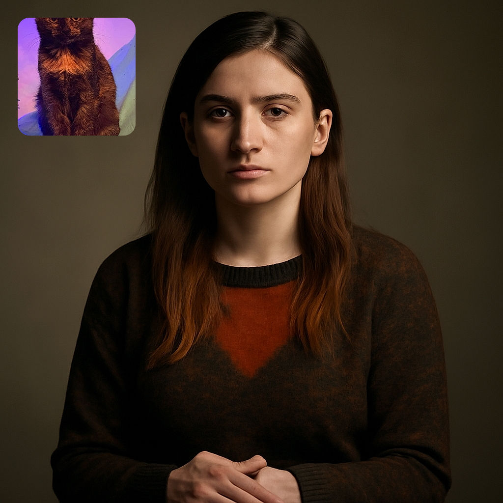 A beautiful tortoiseshell cat sits elegantly against a softly lit purple and blue background, looking straight at the camera with a calm and curious expression.