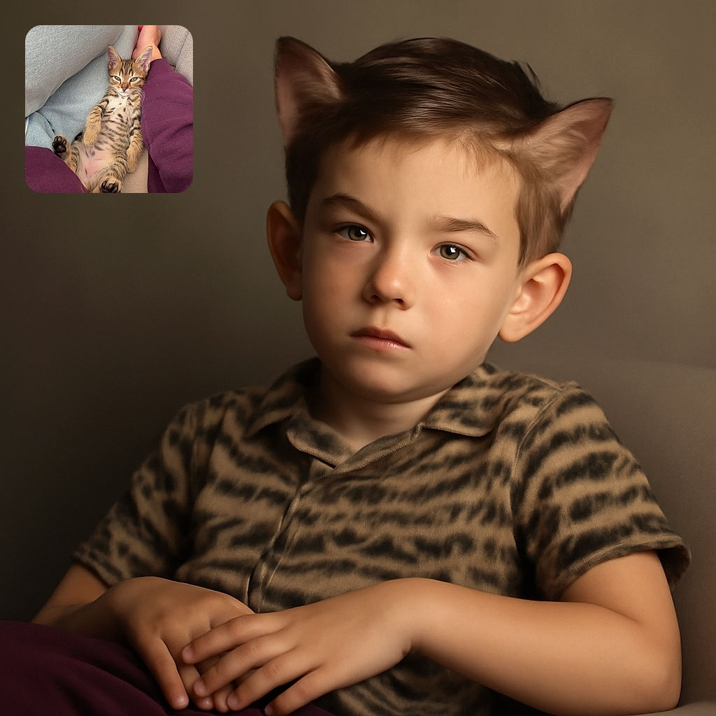 A relaxed tabby kitten lounges on a cozy couch between two people wearing purple and light blue clothing, looking like the ultimate chill master of the living room.