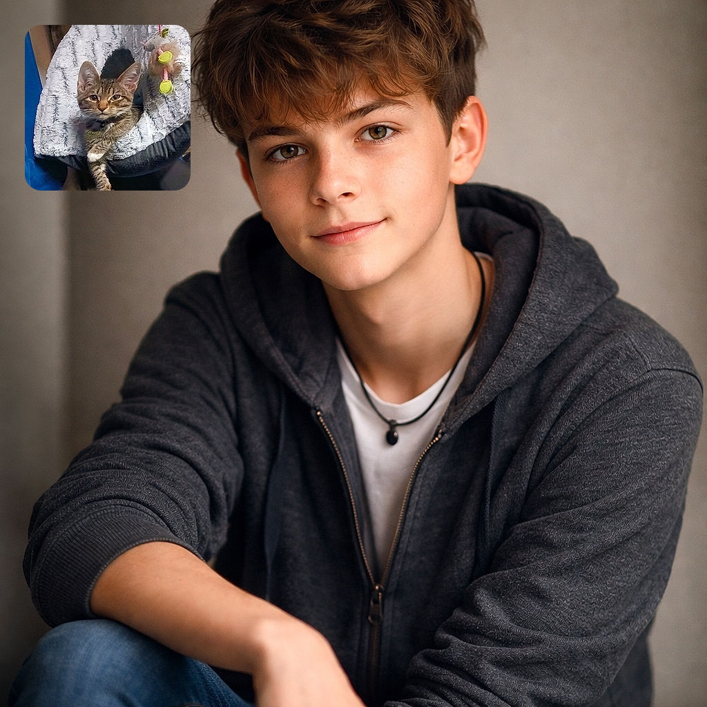 A smug tabby kitten peeks out of a fluffy cave like it owns the place, one paw casually dangling while a toy mouse hangs nearby — pure confidence and maximum fluff in a single portrait.