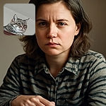 A close-up photo of a tabby cat perched on a wooden surface, looking off to the side with a curious and slightly skeptical expression, against a plain light-colored wall background.