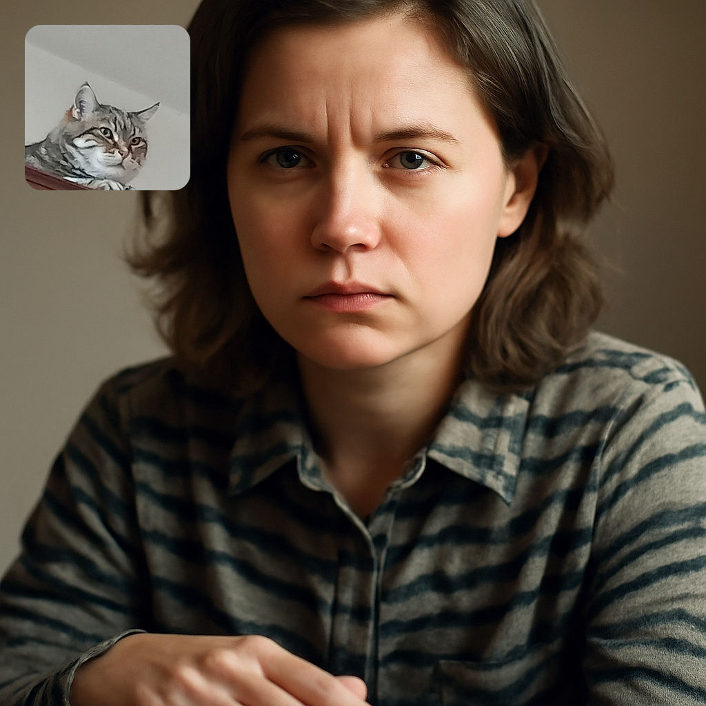 A close-up photo of a tabby cat perched on a wooden surface, looking off to the side with a curious and slightly skeptical expression, against a plain light-colored wall background.
