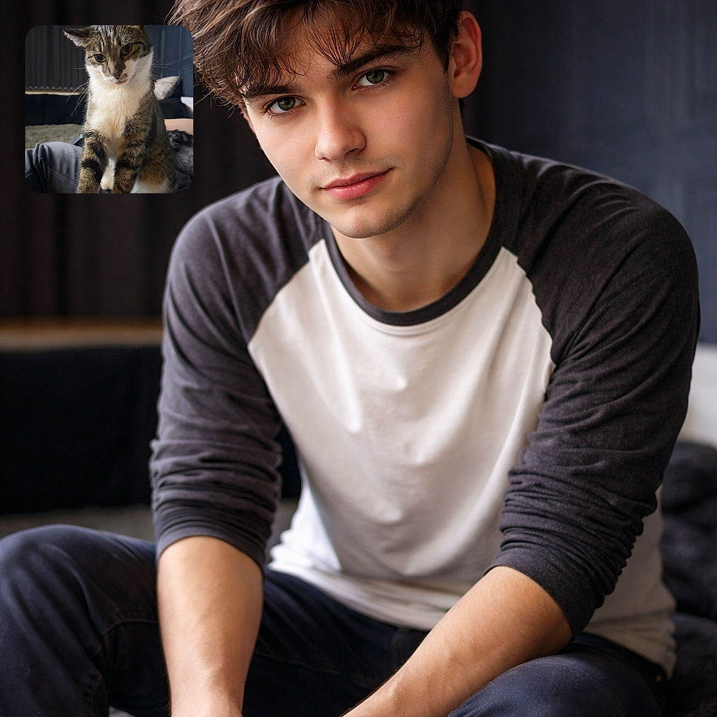 A curious tabby cat with white paws and chest is perched on a person's lap, gazing intently with a slightly tilted head, set against a cozy indoor background with dark curtains and a textured wall.