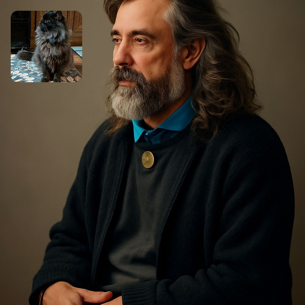 A majestic long-haired black cat with a fluffy mane sits gracefully on a patterned rug, looking off to the side with a curious gaze, wearing a blue collar with a shiny tag, against a cozy wooden kitchen backdrop.