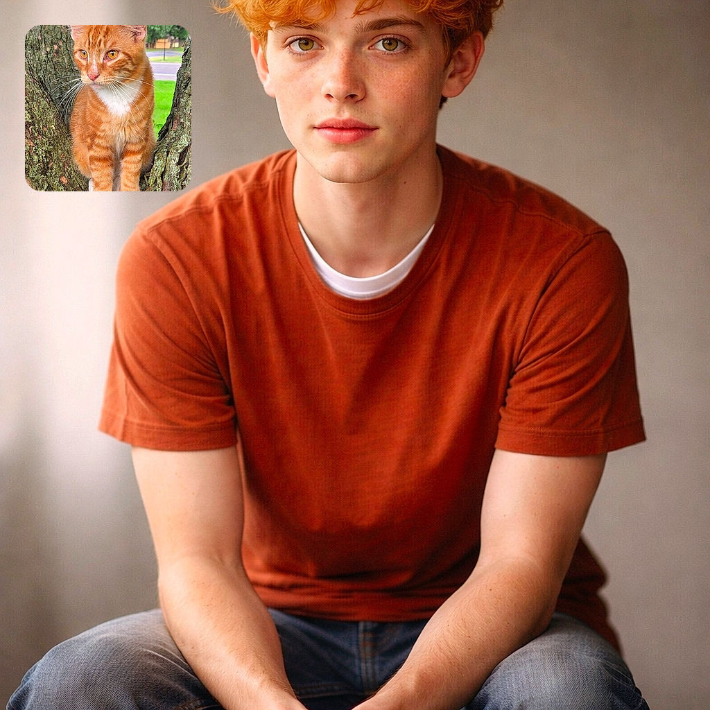 A charming orange tabby cat with striking amber eyes sits perched comfortably in the crook of a tree, blending natural textures of bark and moss with its soft fur. The background shows a peaceful park scene with green grass and distant trees, adding a serene outdoor vibe.