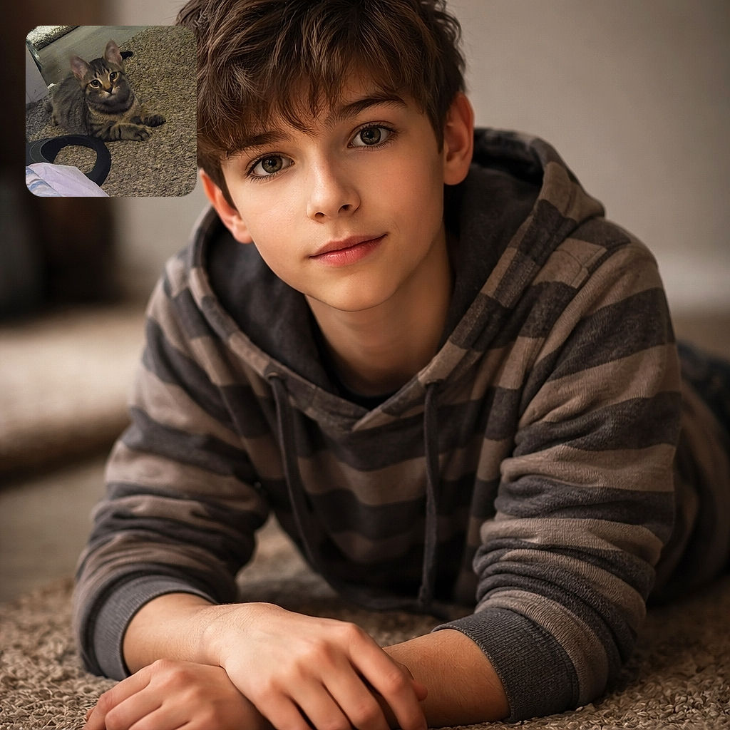 A curious tabby kitten lounges on the carpet and stares straight at the camera with ears up and paws ready — the perfect blend of suspicious, adorable, and plotting who-knows-what mischief (probably socks and laser dots).
