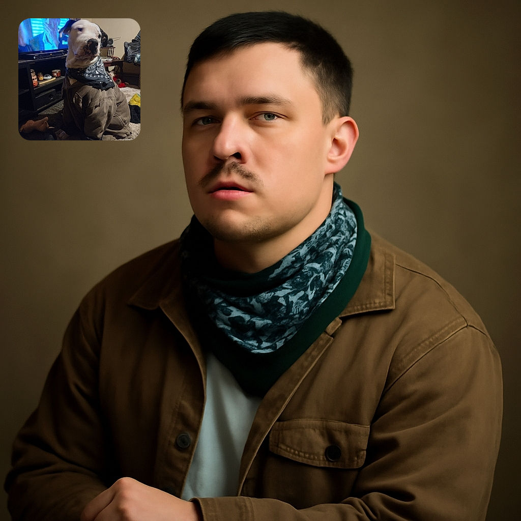 A charming dog dressed in a jacket and bandana sits indoors surrounded by cozy household items and a TV screen glowing in the background, giving off a vibe of casual canine fashionista caught mid-pose.