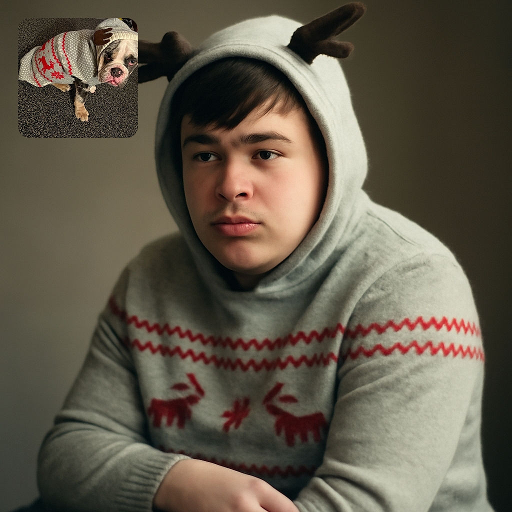 A cute bulldog puppy dressed in a festive sweater and a cozy hat with antlers, sitting on a textured carpet and giving a slightly grumpy but adorable look.