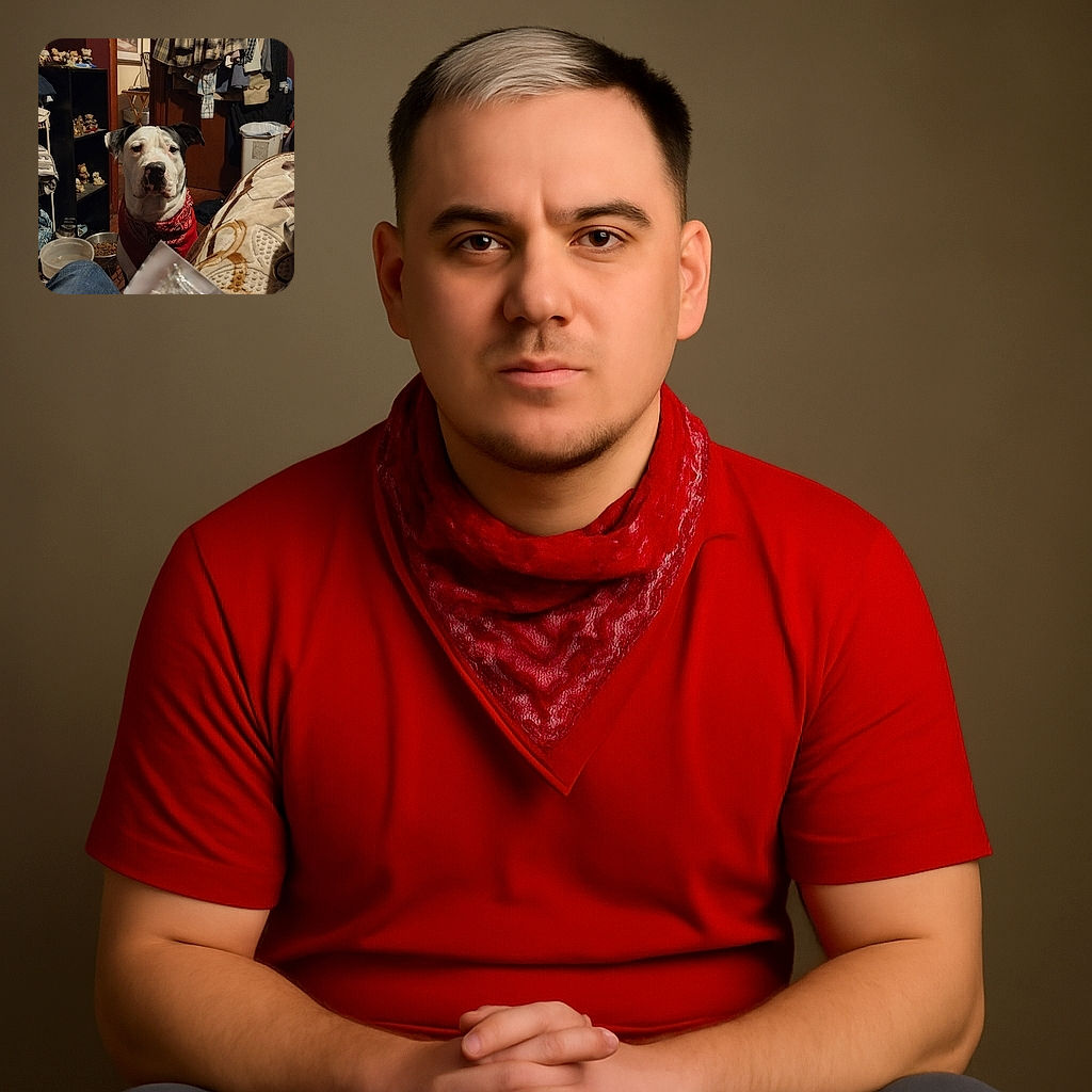 A patient dog wearing a red bandana sits attentively indoors, surrounded by cozy clutter including hanging clothes, shelves with teddy bears, and a food bowl. The photo captures a candid moment of anticipation, with a slightly blurred object in the foreground adding depth.