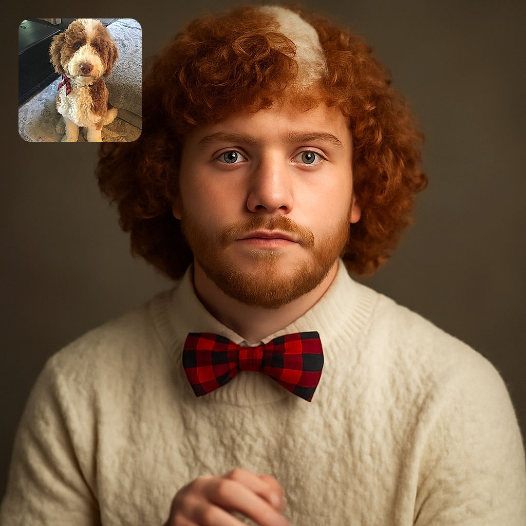 A fluffy, curly-haired dog with a red and black checkered bow around its neck sits attentively on a patterned rug next to a couch and a dark wooden table, looking up with big, soulful eyes as if waiting for a treat or a belly rub.