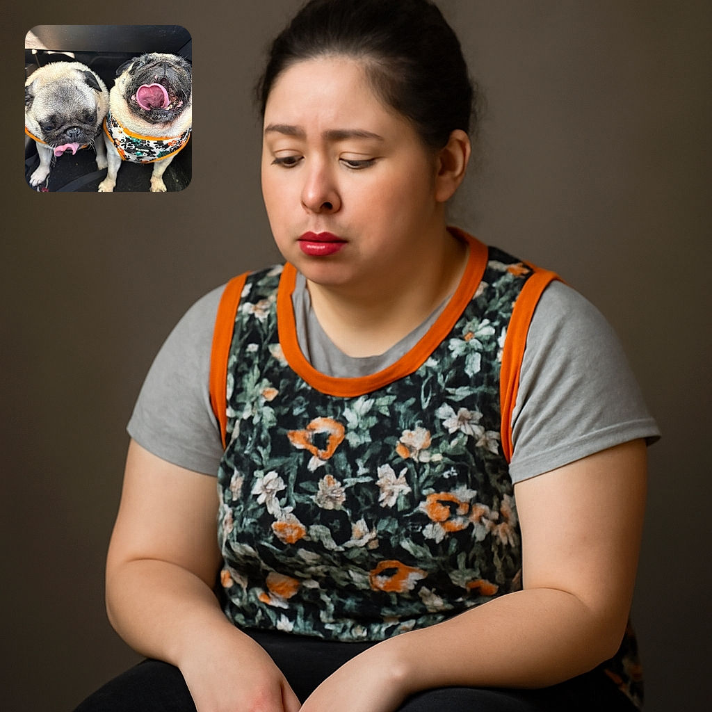 Two adorable pugs sitting close together, one with its tongue curled out and the other yawning with its tongue wide open, both wearing colorful harnesses inside a car with a dark interior floor mat and a pair of shoes visible.