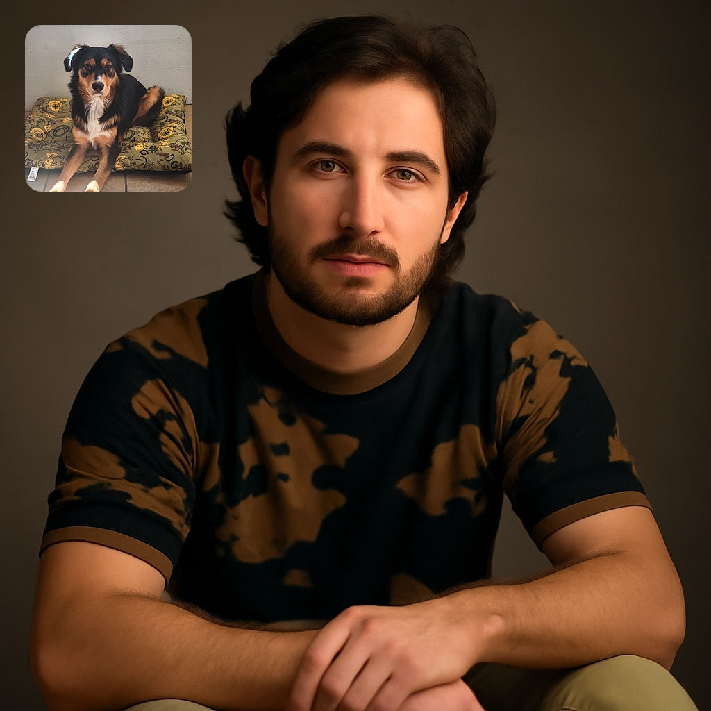 A handsome dog lounges regally on a patterned cushion, basking in the warm sunlight streaming through a nearby window, with a slightly serious gaze that says, 'I'm the boss here.'