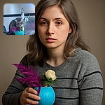 A fluffy gray cat curiously sniffs or nuzzles a vibrant turquoise vase filled with delicate white and purple flowers, sitting on a sleek outdoor table with a softly blurred background.
