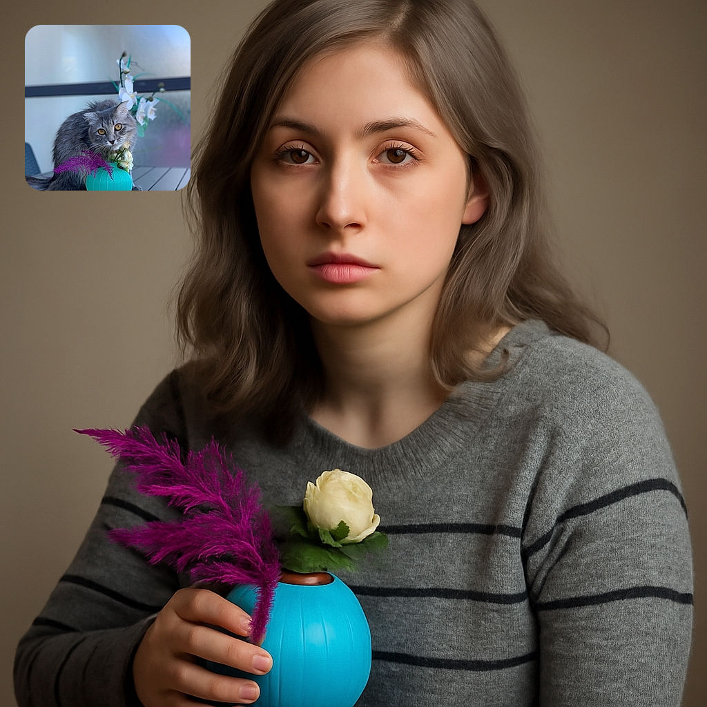 A fluffy gray cat curiously sniffs or nuzzles a vibrant turquoise vase filled with delicate white and purple flowers, sitting on a sleek outdoor table with a softly blurred background.