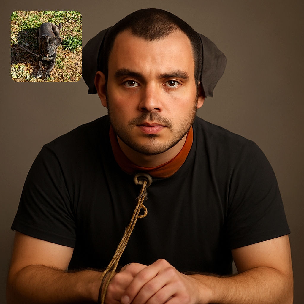 A black dog with a white patch on its chest is lying down on a patch of dry grass and greenery, looking directly at the camera with curious eyes. The dog is on a leash, enjoying a sunny day outdoors with natural shadows and textures around.