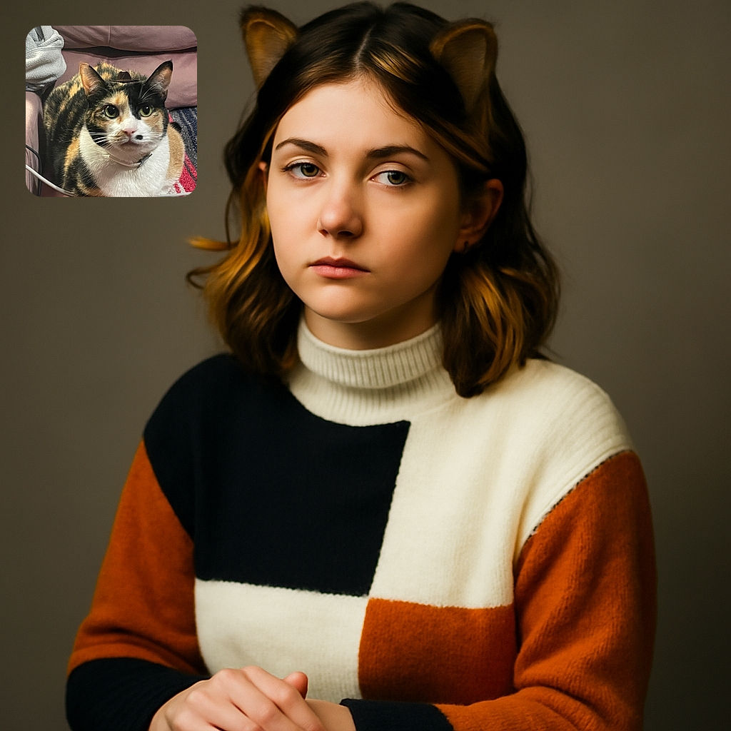 A charming calico cat is perched on a soft pink couch, wearing a tiny cowboy hat that adds a humorous touch. The cat's intense gaze is captivating, and the cozy surroundings, including a blanket and cables, give the scene a casual, homey feel.