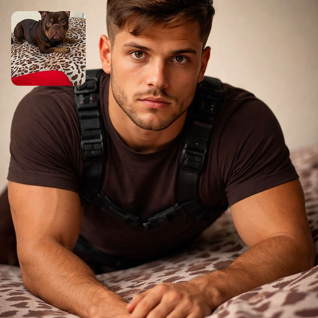 A charming brown dog with a harness lounges on a leopard print bedspread, giving the camera a soulful, slightly serious stare. The cozy indoor setting is punctuated by a bright red object in the foreground, adding a pop of color to the warm, patterned scene.