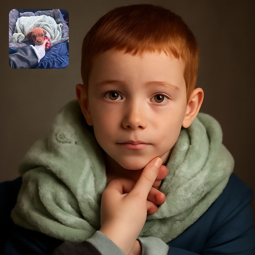 A tiny brown puppy snuggled in a soft, cozy blanket nest, gently held by a hand with bright red nail polish, looking up with big, soulful eyes that melt hearts instantly.