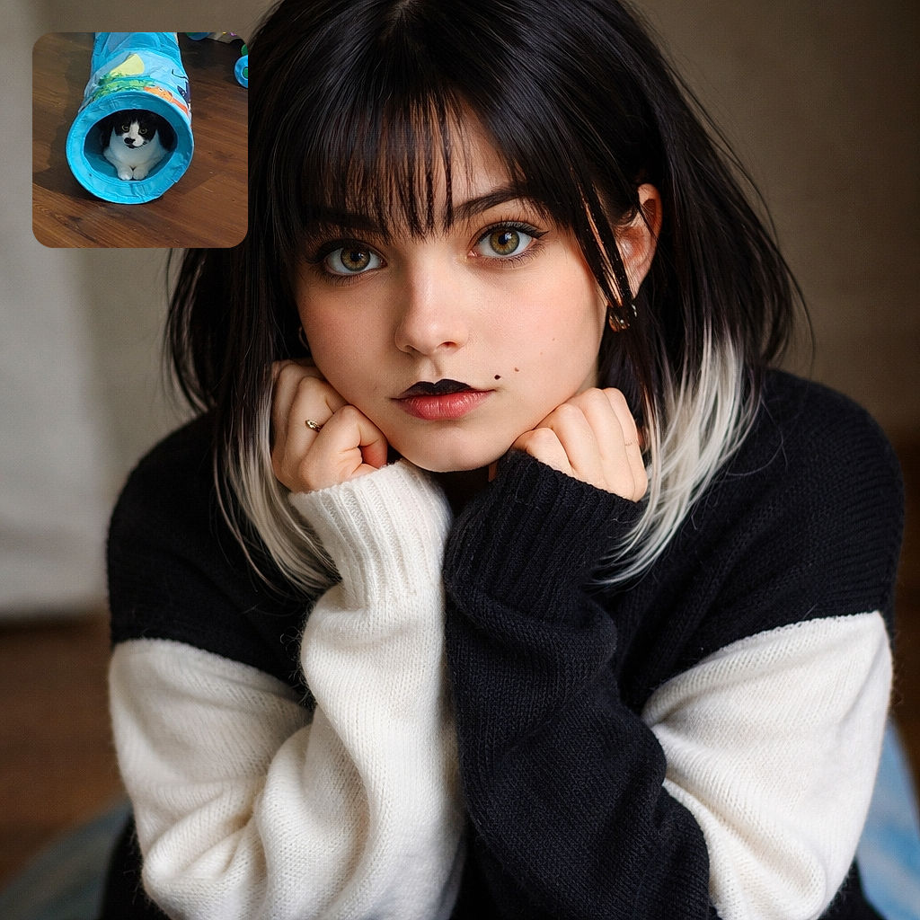 A nosy tuxedo cat has claimed the blue play tunnel as prime real estate — peering out like a furry submarine captain with a dramatic black 'mustache' and perfectly tucked paws, plotting snack time.