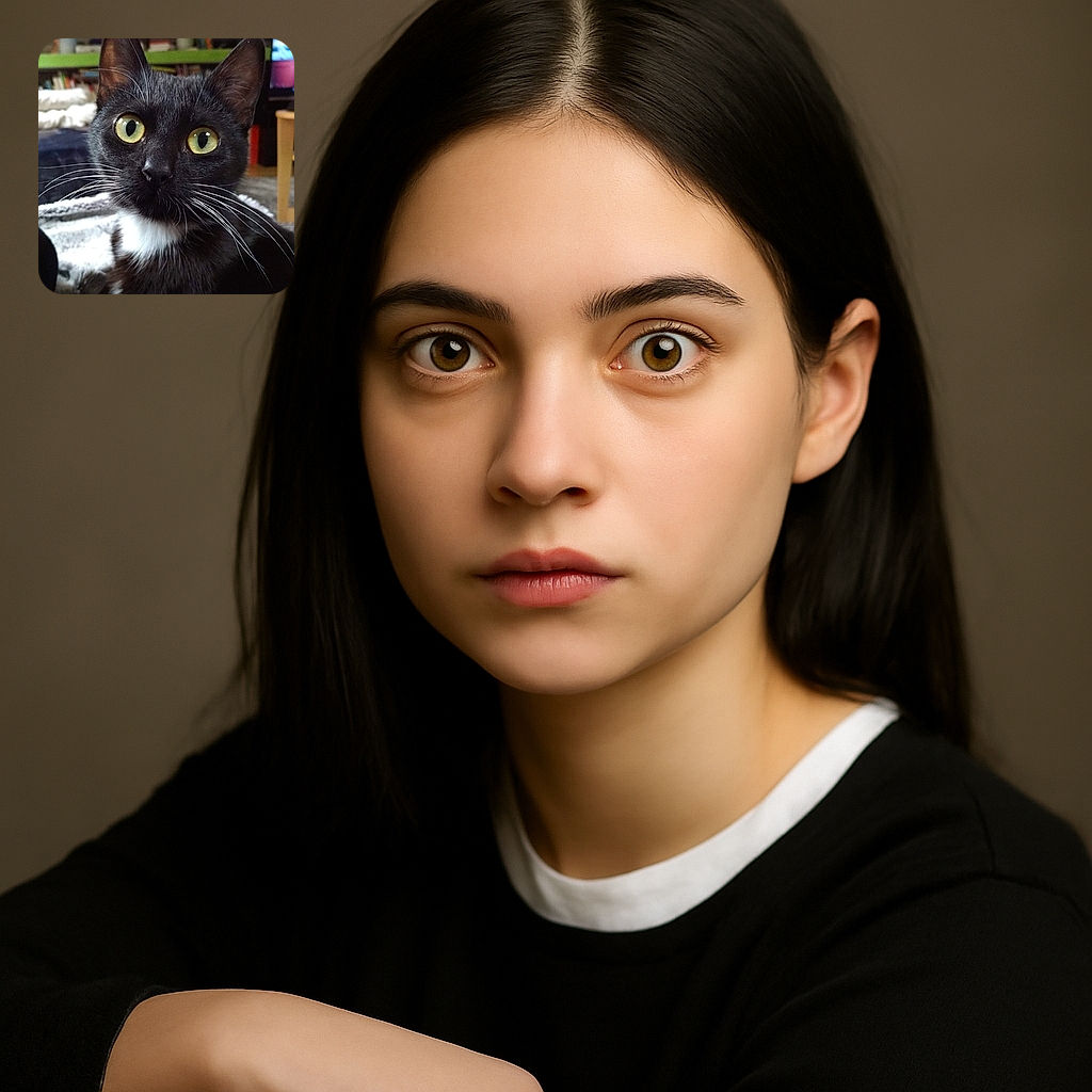 A close-up photo of a black and white cat with striking yellow eyes and long white whiskers, looking intently at the camera. The background is softly blurred, showing a cozy indoor setting with shelves and a TV.