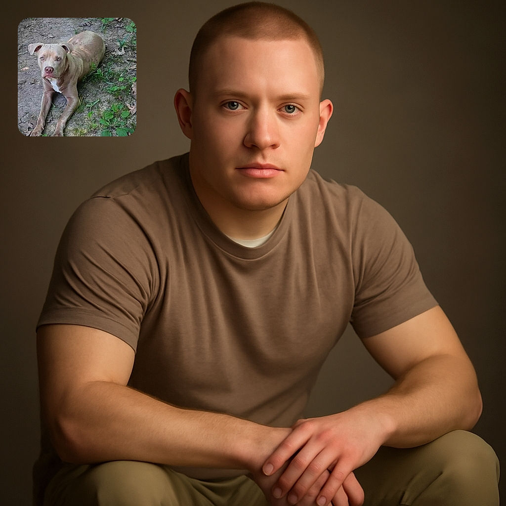 A curious dog with a serious expression lounges on a patch of dirt surrounded by scattered leaves and green plants, as if contemplating the mysteries of the backyard jungle.