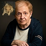 A small dog with big, curious eyes is nestled in a dark, cozy spot. The lighting is dim, making the image a bit grainy but the dog's expression is endearing and full of personality.