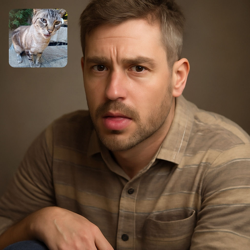 A curious cat with striking blue eyes leans forward, tongue slightly sticking out, as if caught mid-meow or mid-blep, standing on a textured outdoor surface with a backdrop of greenery and soft sunlight.