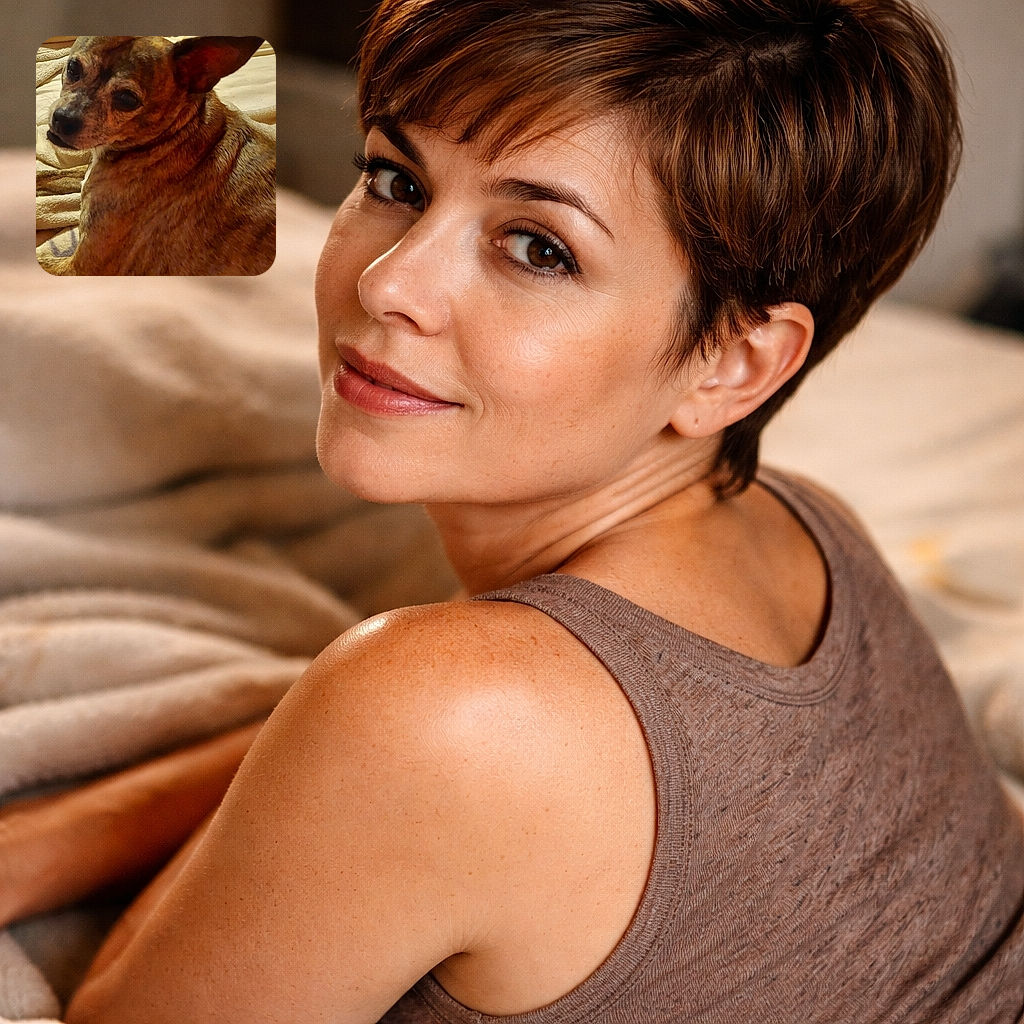 A brindle little dog gives a theatrical side-eye from a cozy bed, ears pricked and toy snoozing in the background — full of attitude and blanket dreams.