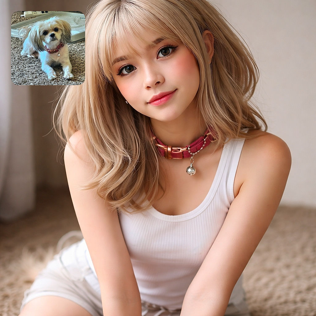 A fluffy small dog with long ears and a pink collar lounges on a textured carpet, looking curiously at the camera with soulful eyes. Behind it, a beige pet training pad and power strip add a touch of everyday home life.