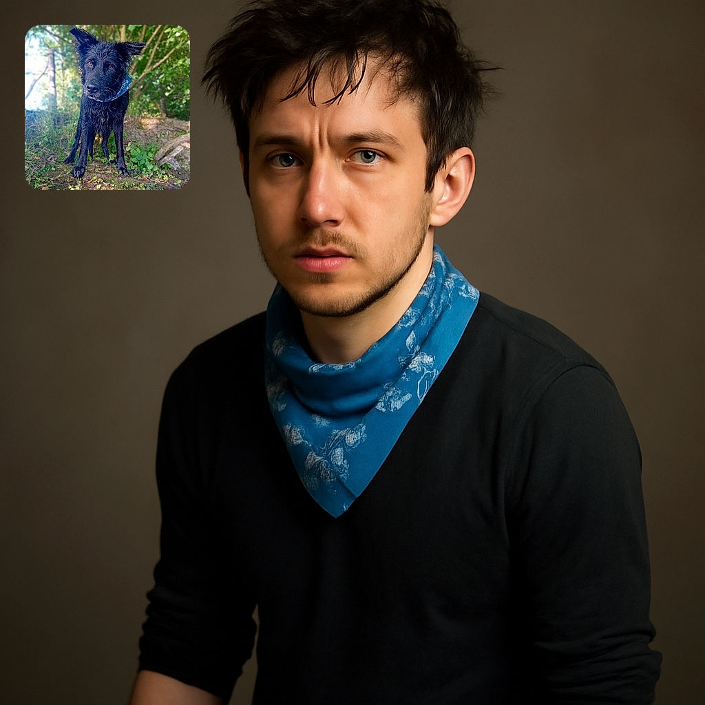 A wet black dog with a blue bandana stands alert in a lush green forest, looking curiously at the camera with ears perked up, surrounded by vibrant foliage and soft natural light.