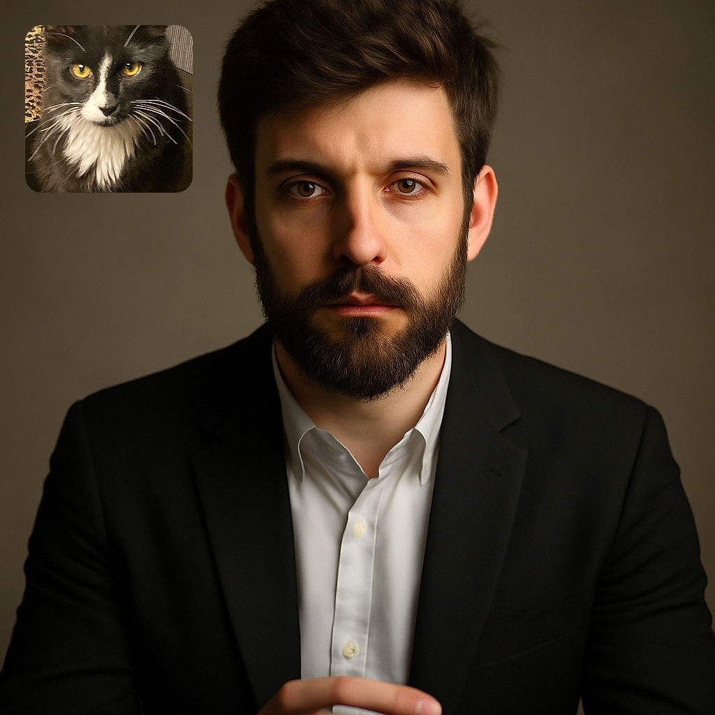 A close-up photo of a black and white cat with striking yellow eyes and long white whiskers, sitting indoors on a dark surface with a leopard print and striped background. The image is slightly blurry but captures the cat's curious expression.