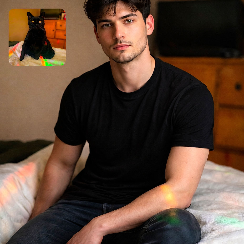 A dignified black cat sits like it owns the place, golden eyes glowing with suspicious judgment while rainbow patches of light decorate the cozy blanket — the ultimate regal floof posing for its adoring subject.