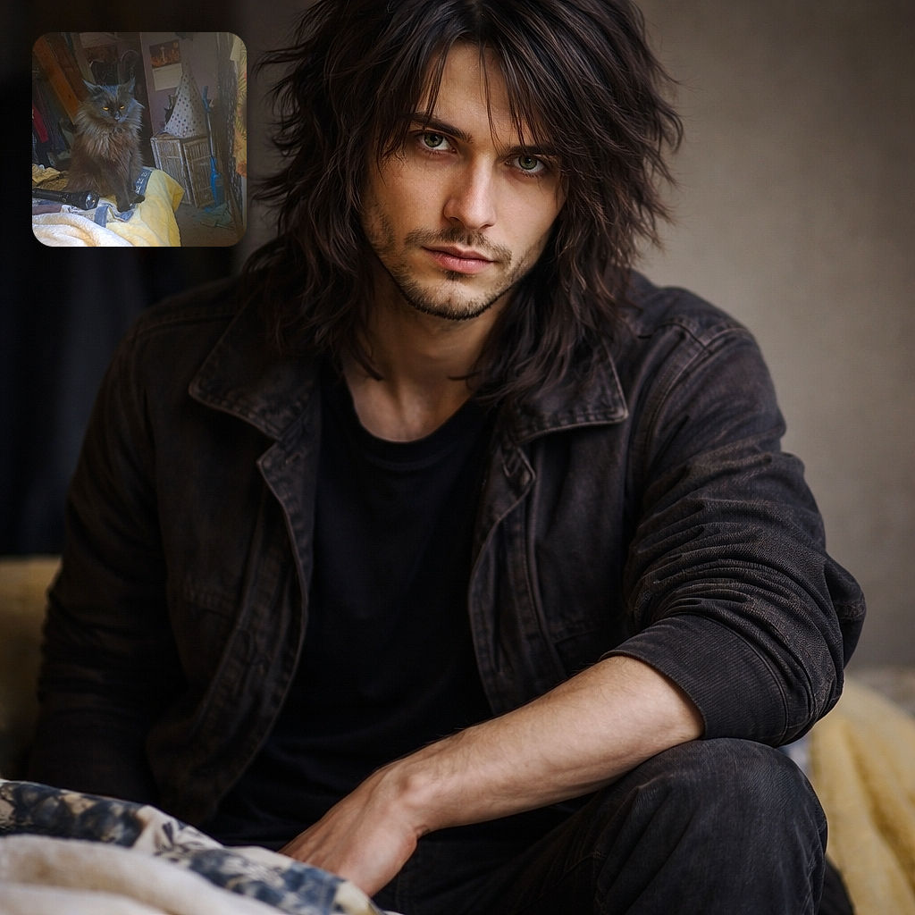 A fluffy black cat with glowing yellow eyes sits majestically on a bed covered with a yellow blanket, surrounded by household clutter including a flashlight and a mop, giving off a mysterious yet cozy vibe.