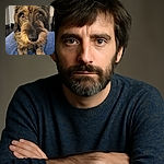 A close-up photo of a curious wire-haired dog standing on a blue blanket, with expressive eyes looking directly at the camera, and a cozy indoor setting in the background.