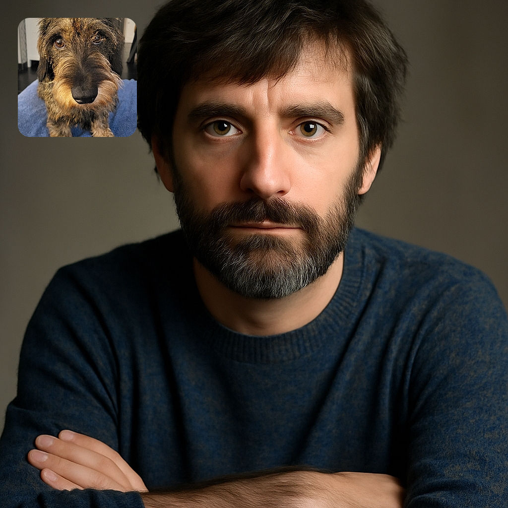 A close-up photo of a curious wire-haired dog standing on a blue blanket, with expressive eyes looking directly at the camera, and a cozy indoor setting in the background.