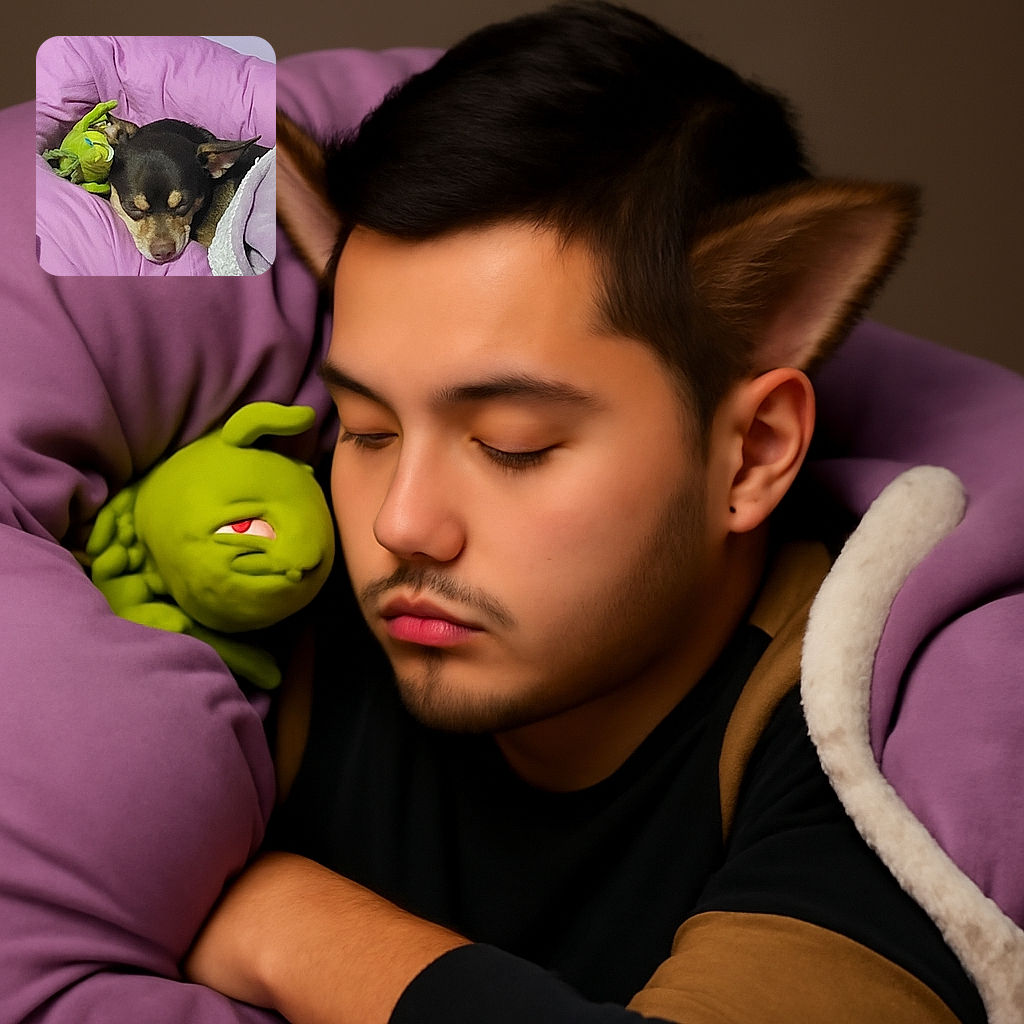 A cozy pup is snoozing contentedly in a soft pink bed, cuddling a green plush toy, while another dog is partially visible in the foreground, making it a heartwarming snapshot of pet comfort.