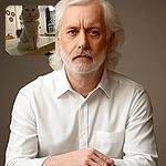 A fluffy white cat sits majestically on a white table in a cozy, dimly lit room. The cat's fur is thick and plush, and it gazes calmly at the camera with a slightly mysterious expression. The background shows some home decor including round mirrors, a hanging lamp, and a birdcage, adding a homely atmosphere.
