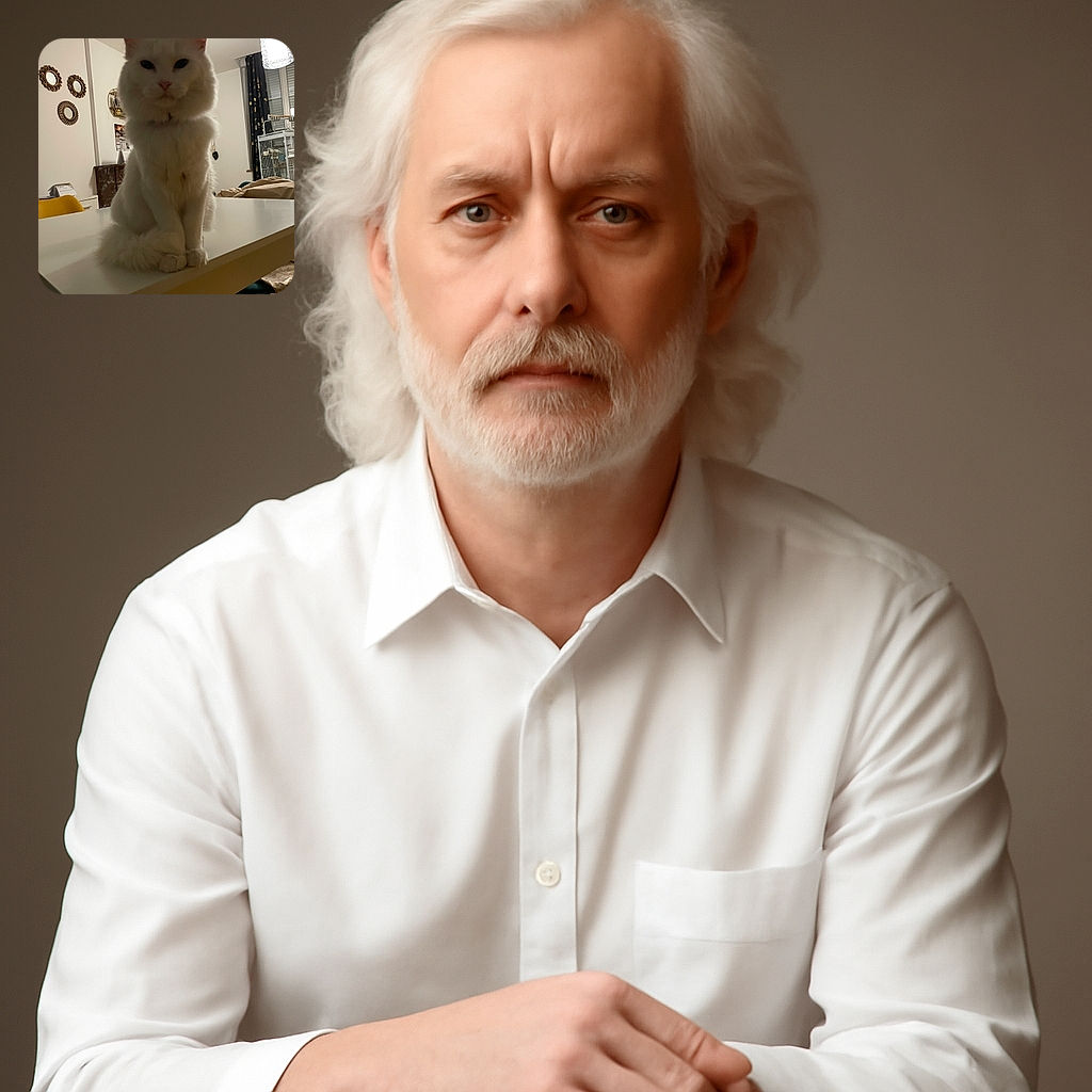 A fluffy white cat sits majestically on a white table in a cozy, dimly lit room. The cat's fur is thick and plush, and it gazes calmly at the camera with a slightly mysterious expression. The background shows some home decor including round mirrors, a hanging lamp, and a birdcage, adding a homely atmosphere.