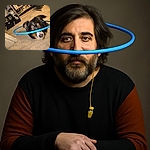 A curious dog with a fluffy coat is playfully looking up, wearing a blue hula hoop around its head like a space helmet, standing on a wooden floor in a cozy home environment with various pet accessories and shoes in the background.