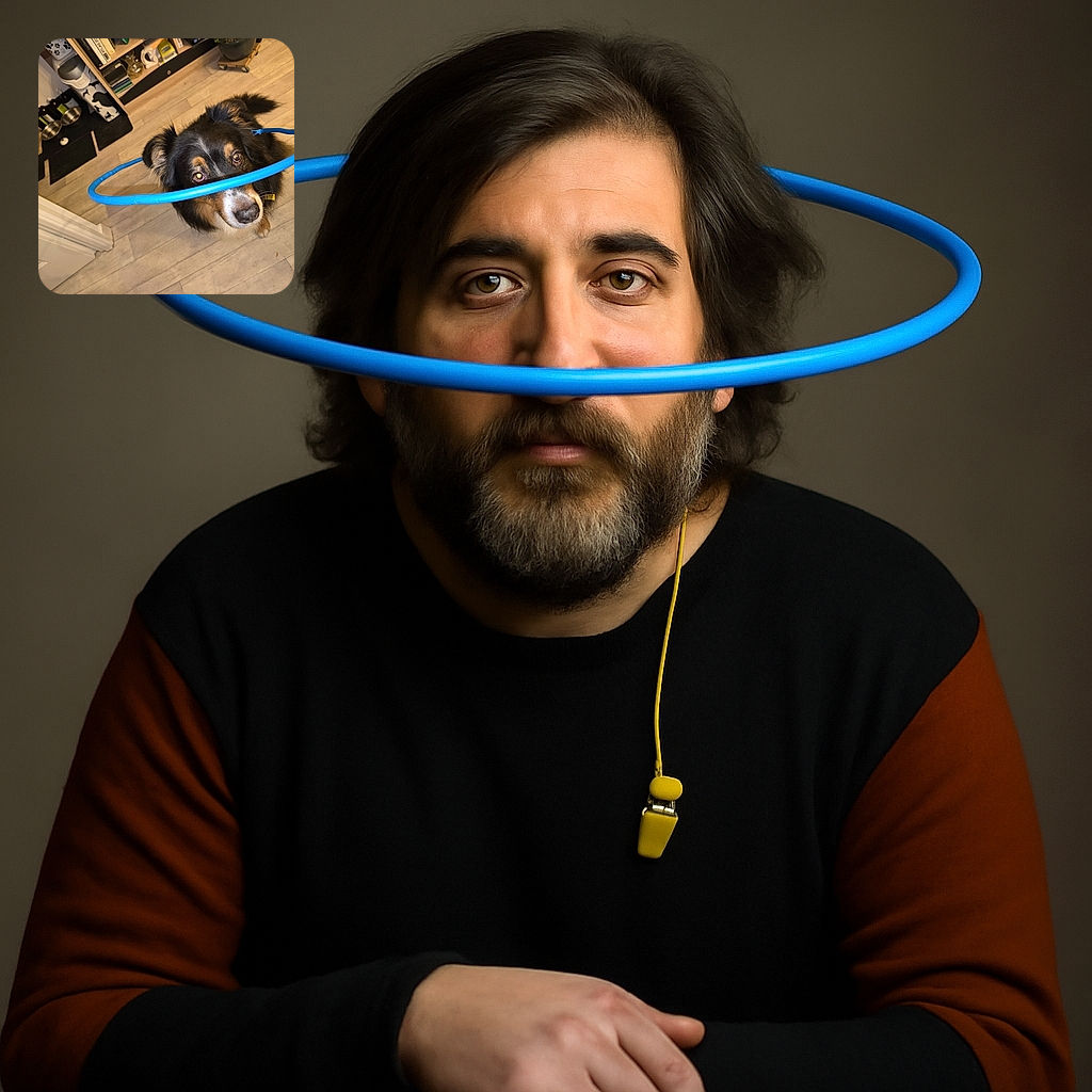 A curious dog with a fluffy coat is playfully looking up, wearing a blue hula hoop around its head like a space helmet, standing on a wooden floor in a cozy home environment with various pet accessories and shoes in the background.
