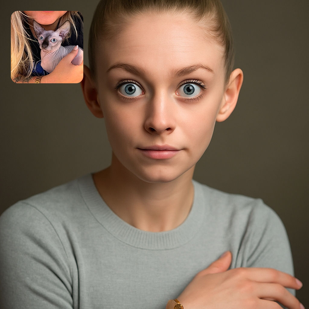 A close-up photo of a person gently holding a curious Sphynx cat with striking blue eyes. The person's face is partially visible with soft lips and blonde hair framing the scene, while the cat's wrinkled skin and large ears stand out vividly. The warm lighting highlights the intimate bond between the human and their unique pet.
