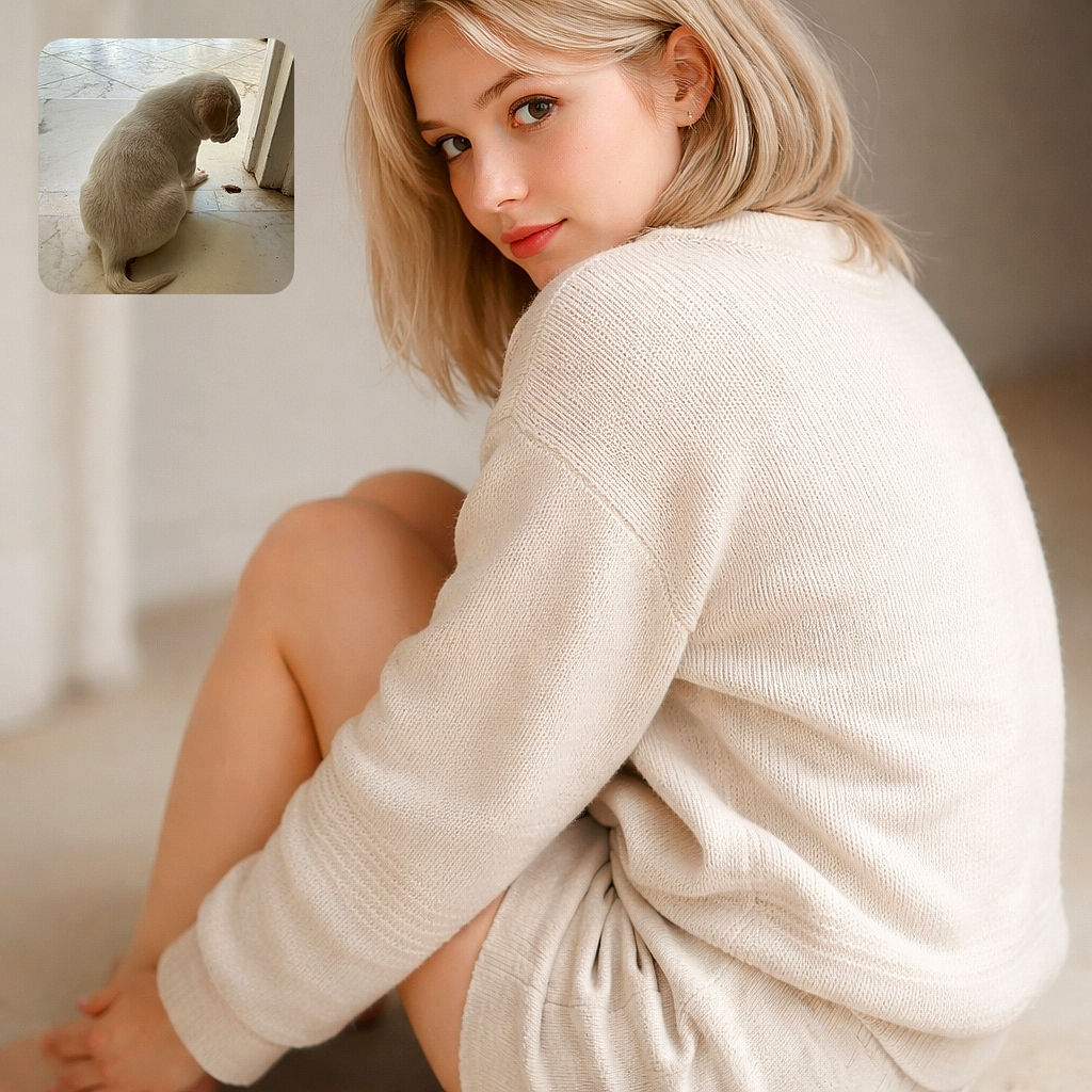 A small, light-colored puppy sits quietly on a tiled floor near a doorway, seemingly focused on a small dark object in front of it. The soft lighting highlights the puppy's fluffy fur and the clean, marble-like tiles add a calm, indoor atmosphere.