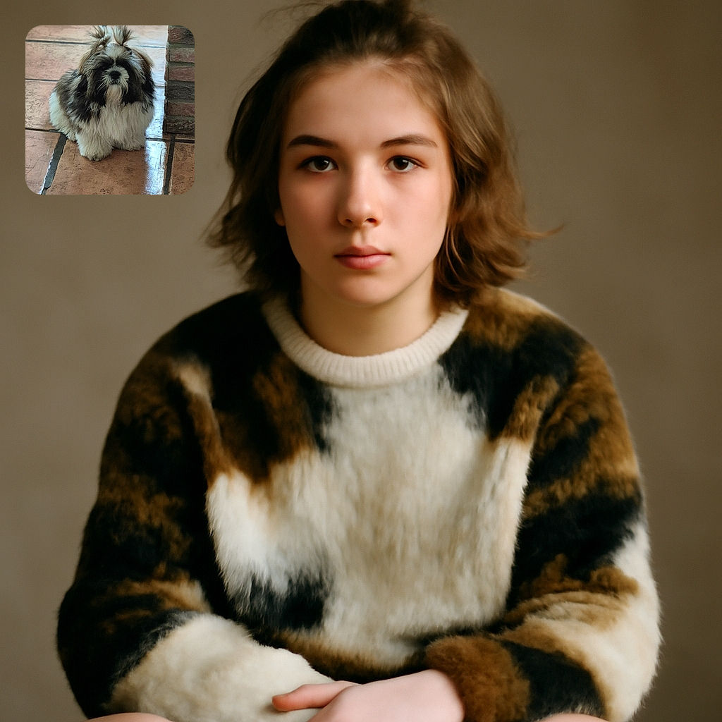 A fluffy, adorable dog with a topknot sits patiently on a shiny tiled floor next to a brick wall, looking like it just stepped out of a grooming salon and ready for its close-up.
