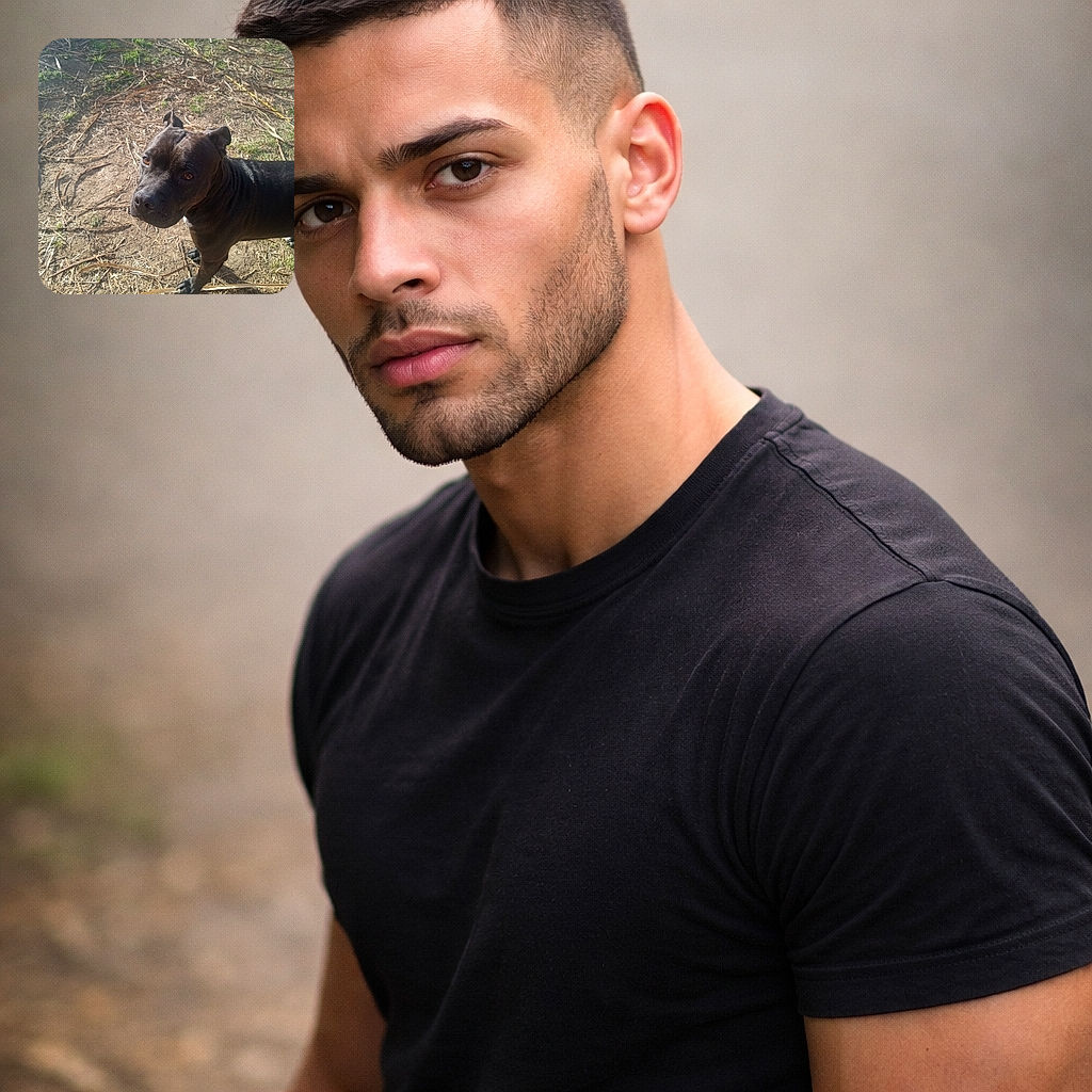 A lovable black dog looks up with big amber eyes as if auditioning for 'Who Wants a Treat?'. Dirt, dry grass and scattered twigs make the perfect rustic runway for this hopeful model.