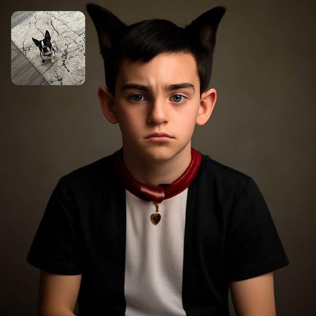 A curious Boston Terrier puppy sits attentively on a textured light gray rug with dark patterns, looking up with big ears perked and an adorable expression. The background shows a wooden floor and part of a couch, creating a cozy home vibe.